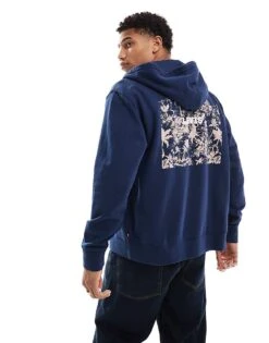Levi's Log Floral Back Print Relaxed Fit Fullzip Hoodie In Navy For Men
