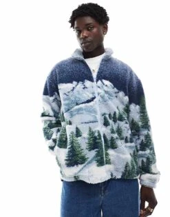 Levi's Jacquard Alpine Peaks Print Sherpa Full Zip Jacket In Blue For Men