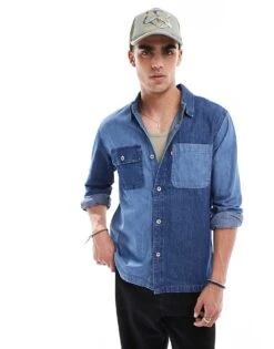Levi's Utility Contrast Panels Denim Overshirt In Blue For Men