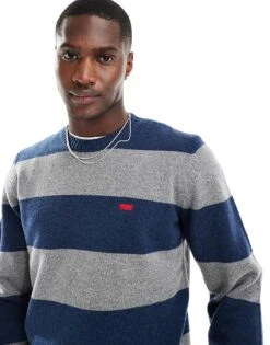Levi's Original Batwing Logo Block Stripe Knit Jumper In Navy/grey For Men