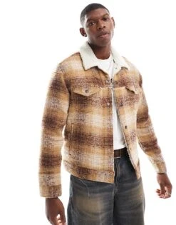 Levi's Type 3 Check Sherpa Borg Lined Trucker Jacket In Brown For Men