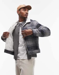 Levi's Type 3 Check Sherpa Borg Lined Trucker Jacket In Grey For Men