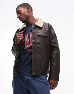 Levi's Faux Leather Detatchable Sherpa Collar Padded Jacket Relaxed Fit In Brown For Men