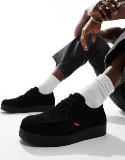 Levi's Suede Lace Up Apron Shoes With Red Tab Logo In Black For Men Full Black