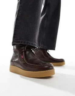 Levi's Lace Up Leather Boots With Gumsole In Brown For Men Dark Brown