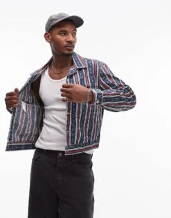 Levi's Embarcadero Station Stripe Logo Denim Jacket Relaxed Boxy Fit In Mid Blue For Men