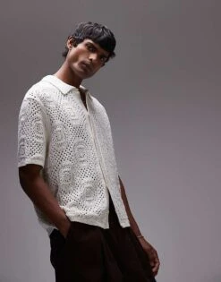 Levi's Short Sleeve Button Through Pointelle Crochet Knit Camp Shirt In White For Men