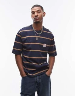 Levi's Workwear Capsule Label Pocket Logo Stripe Loose Fit T-shirt In Navy/beige For Men